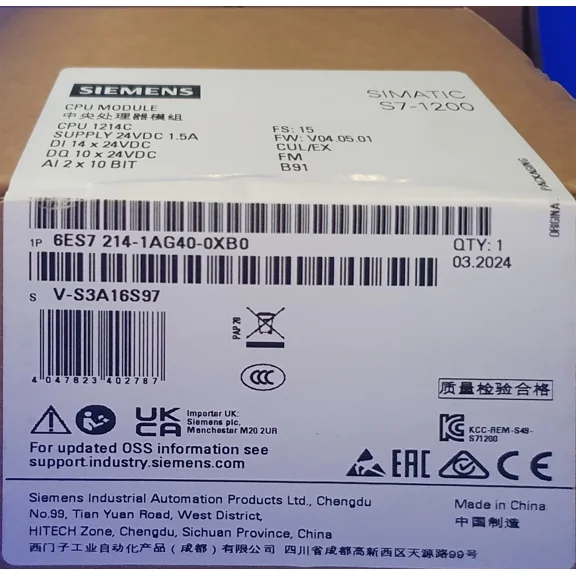 New Factory Sealed 6ES7214-1AG40-0XB0 CPU 1214C Compact PLC Compatible with Siemens S7-1200, DC/DC/DC 14DI 10DO 2AI Onboard I/O Profinet Industrial Logic Controller