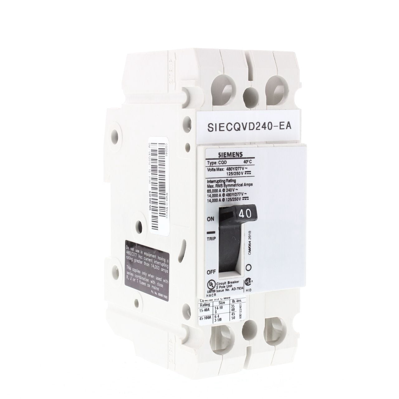 Siemens Cable In/Cable Out Breaker 40A Double Pole 480/277VAC 125/250VDC 14KAIC CQD240