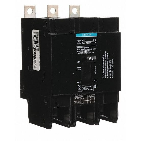 Siemens Circuit Breaker,80A,Bolt On,480V,3P BQD380