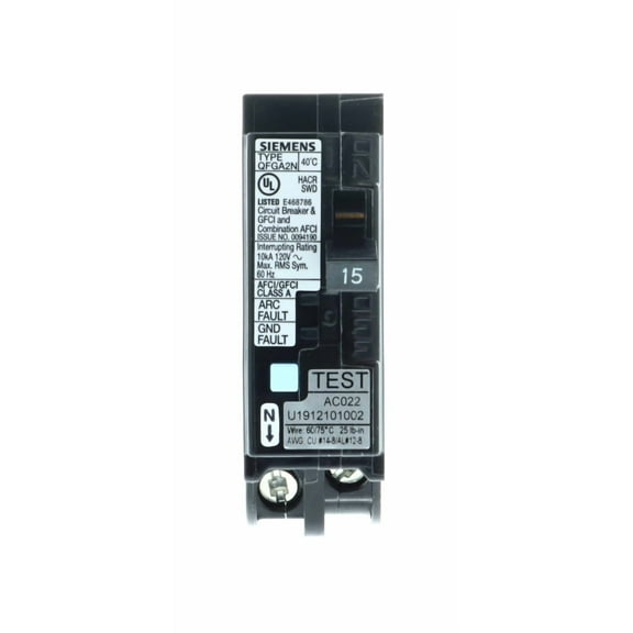 Siemens Q115DFN 15 Amp 1-Pole Dual Function (CAFCI/GFCI) Plug-On Neutral Circuit Breaker, Black