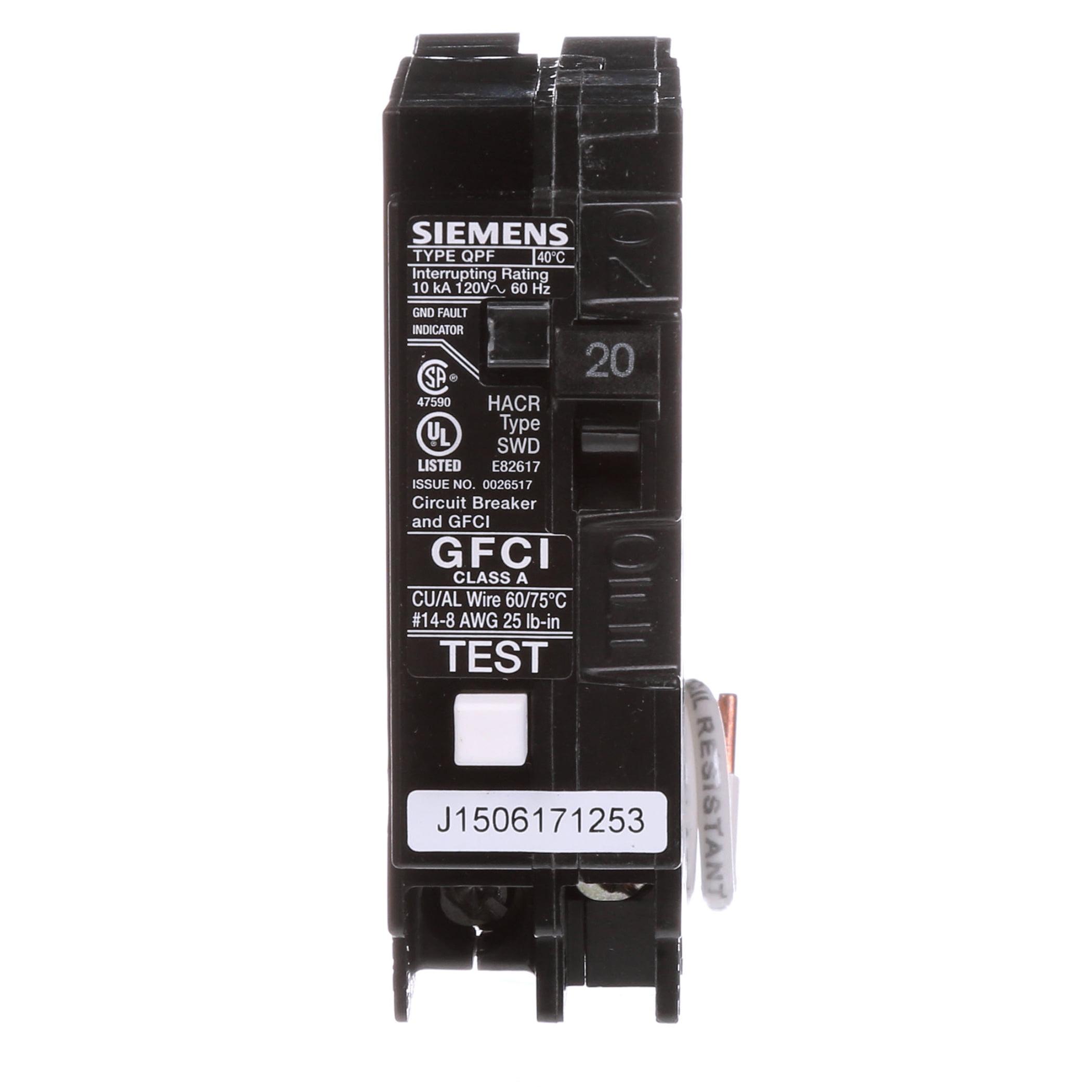 Siemens QF120A 20A 1P Self-Test GFCI & Circuit Breaker
