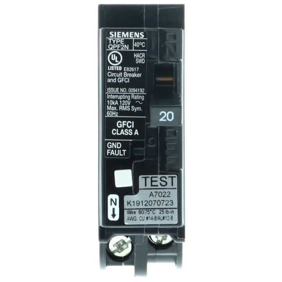 Siemens QF120AN 20 Amp 1-Pole GFCI Plug-On Neutral Circuit Breaker