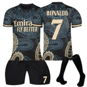 Sien 2021 Spanish FC Black Special Edition Soccer Jersey, #7 RONALDO Printed Gold Dragon Pattern Spanish Soccer Jersey 3 Piece Set, Short Sleeve Kids Cool Spanish Soccer Jersey, #7/24