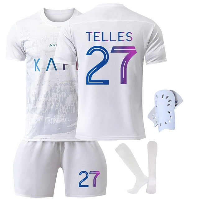 Sien 2324 Al-Nassr FC Away Game Soccer Jersey, #27 TELLES Comfortable Al-Nassr FC Soccer Jersey 4 Piece Set, White Short Sleeve Al-Nassr FC Soccer Jersey for Kids, #27/24