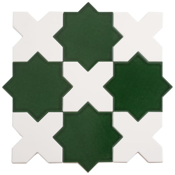 Siena 5" Dark Green Star with Pearl White Cross Glossy Ceramic Wall and Floor Tile (10.76 sq ft/case) - 54 Pack