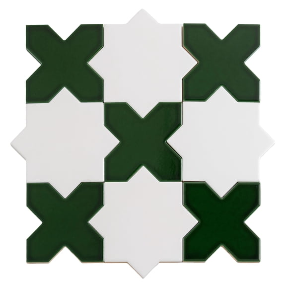 Siena 5" Pearl White Star with Dark Green Cross Glossy Ceramic Wall and Floor Tile (10.76 sq ft/case) - 54 Pack