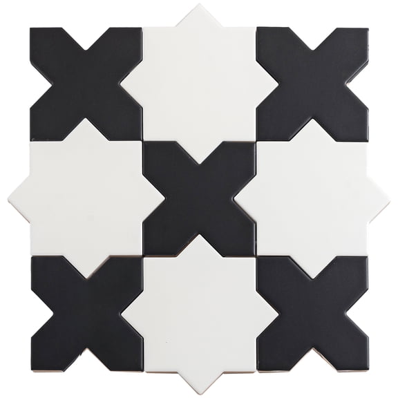 Siena 5" White Star with Charcoal Black Cross Matte Ceramic Wall and Floor Tile (10.76 sq ft/case) - 54 Pack