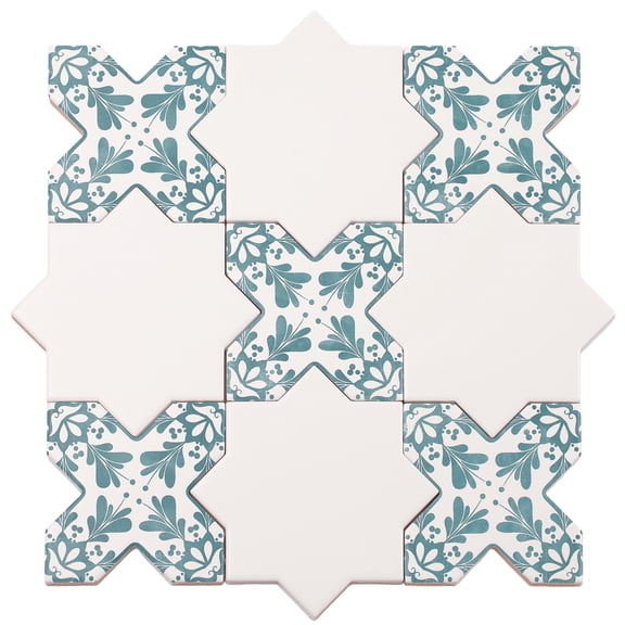 Siena 5" White Star with Pistachio Green Cross Deco Matte Ceramic Wall and Floor Tile (10.76 sq ft/case) - 54 Pack