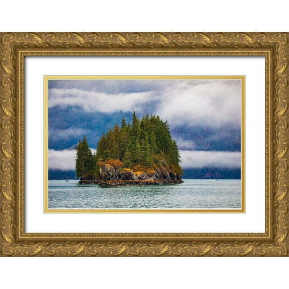 Sienda, Jolly 18x13 Gold Ornate Wood Framed with Double Matting Museum Art Print Titled - Prince William Sound-Alaska-Valdez-Island-evergreen trees-autumn-fog