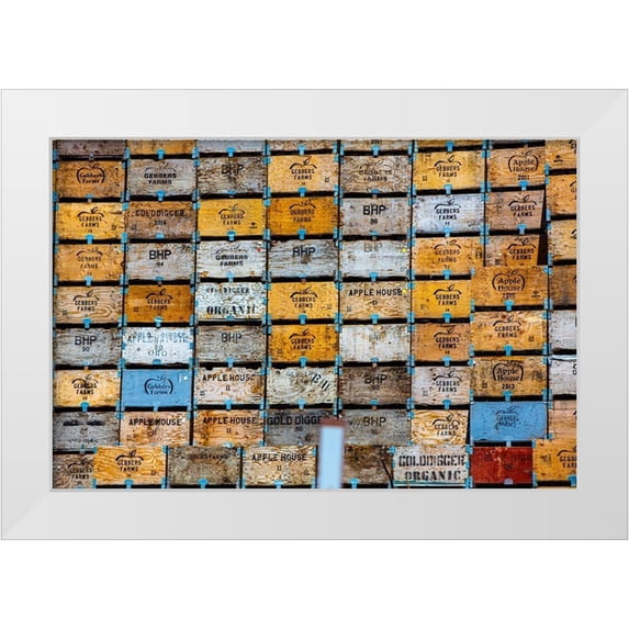 Sienda, Jolly 18x13 White Modern Wood Framed Museum Art Print Titled - Brewster-Washington State-colorful-wooden fruit shipping crates