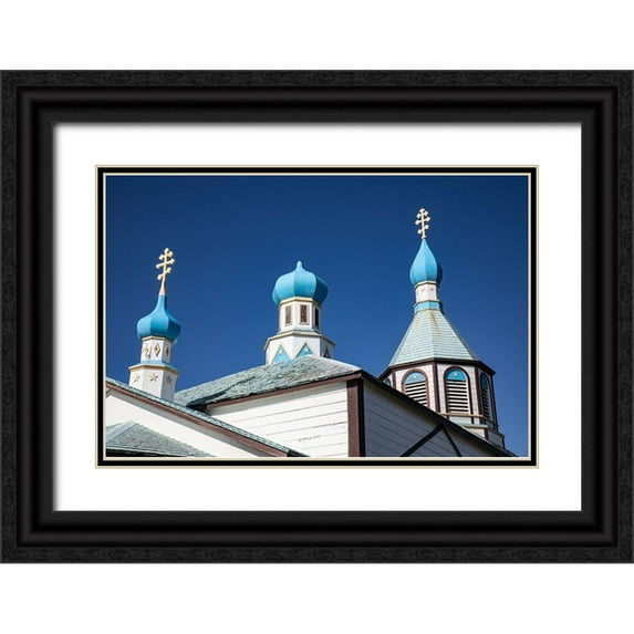 Sienda, Jolly 32x23 Black Ornate Wood Framed with Double Matting Museum Art Print Titled - Russian Church-Holy Assumption or the Virgin Mary-Kenai Peninsula-Alaska