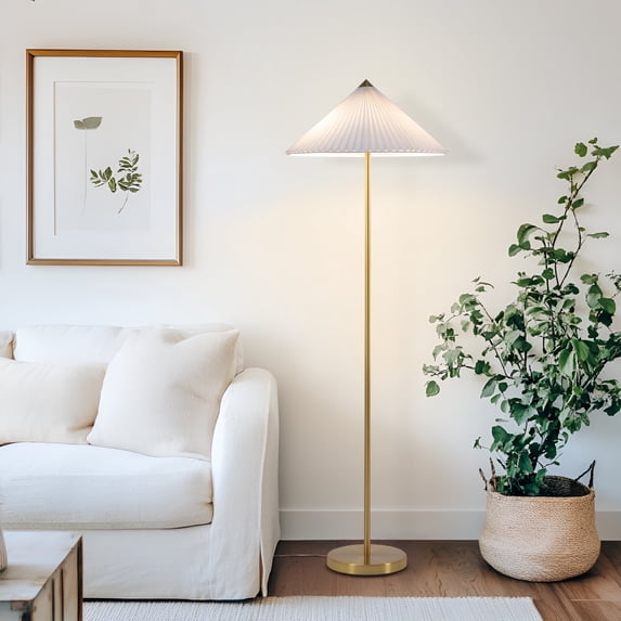 Sienna 62" Japandi-Inspired LED Gold Floor Lamp with White Pleated Cone Shade