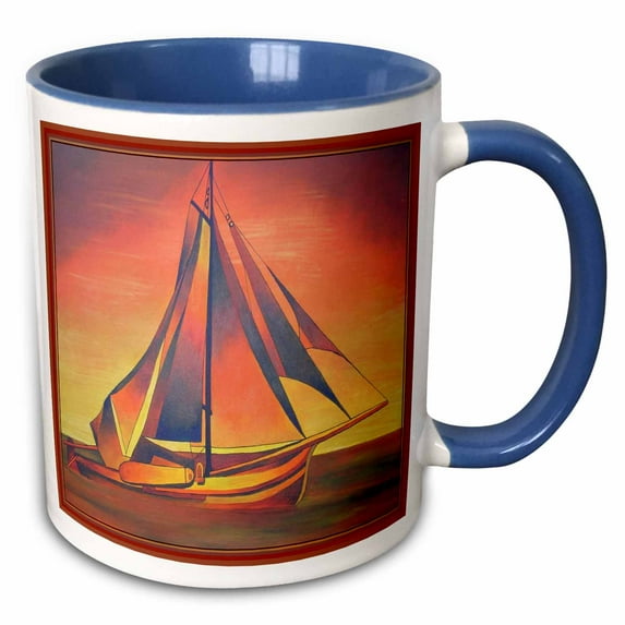 3drose, Sienna Sails at Sunset- Boats, Contemporary, Hiddeboomsma, Ochre, Sailboat, Sails, Seascape, 15oz Two-tone Blue Mug