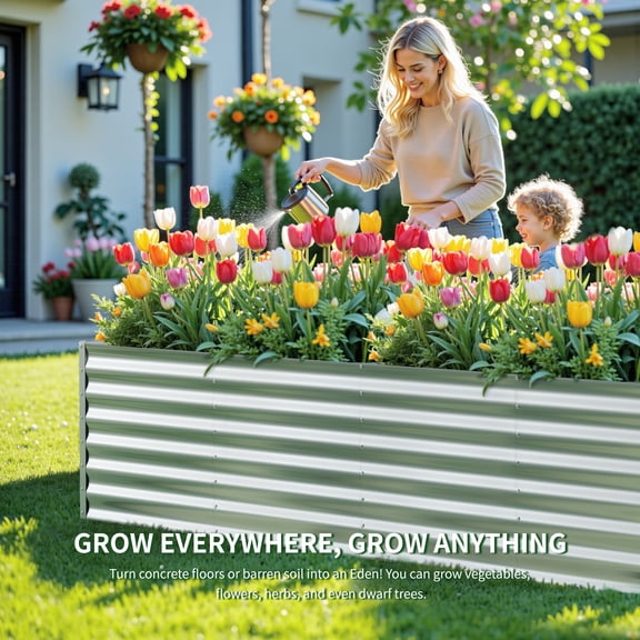 Sierah Style Outdoor Metal Raised Garden Bed, Rectangular Planter Box For Herbs, Flowers, And Deep Root Vegetables - Silver,822 Ft