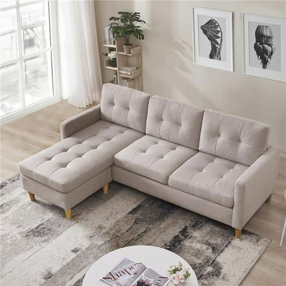 Sierah Style Polyester L Shaped Tufted Modular Sectional Sofa with Ottoman, Biege