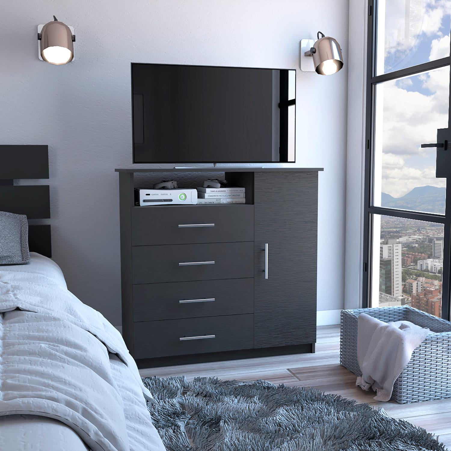 Peru Black Wenge 4-Drawer Dresser with TV Stand and Open Shelf