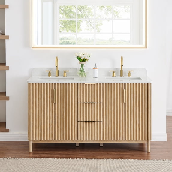 Sierra 60" Wood Vanity in Washed Light Brown Engineered Stone Top no Mirror