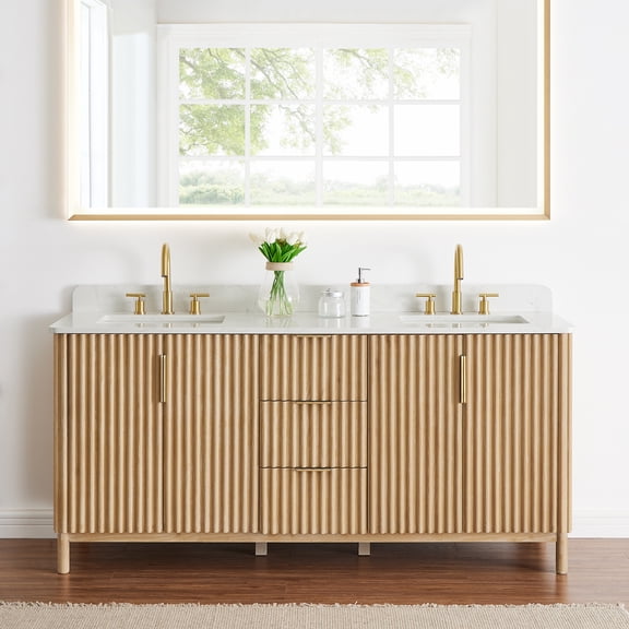 Sierra 72" Wood Vanity in Washed Light Brown Engineered Stone Top no Mirror