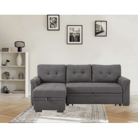 Sierra 84" Dark Gray Linen Reversible Sleeper Sectional Sofa with Storage Chaise for Small Spaces & Family Use