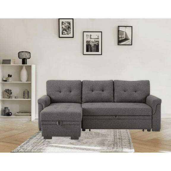 Sierra 84" Dark Gray Linen Reversible Sleeper Sectional Sofa with Storage Chaise for Small Spaces & Family Use