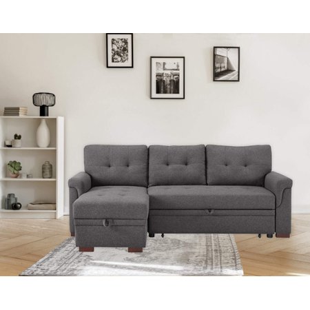Sierra 84' Dark Gray Linen Reversible Sleeper Sectional Sofa with Storage Chaise
