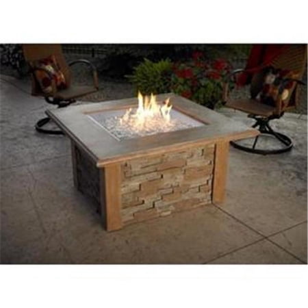 Sierra Firepit Table with Ledgestone and Supercast Top in MOCHA Finish and CF2424 - 24 in. x 24 in. Square Crystal Fire Burner