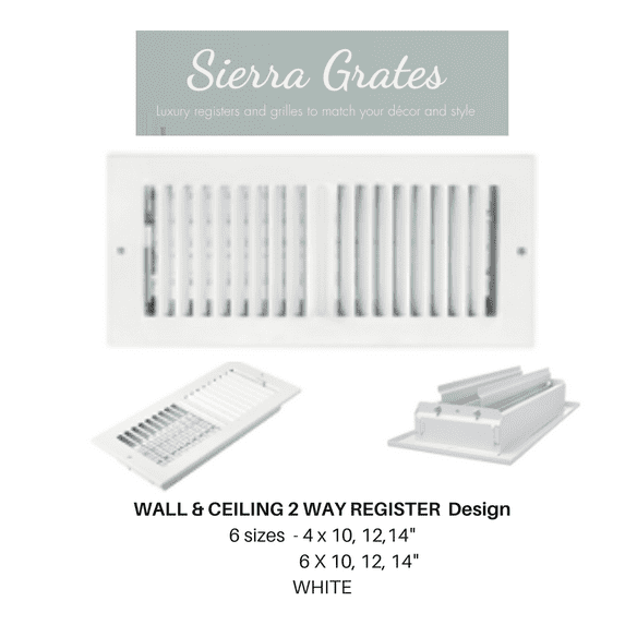 Sierra Grates 2 Way Sidewall & Ceiling Register - 6 inch X 14 inch Glacier White