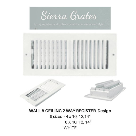 Sierra Grates 2 Way Sidewall & Ceiling Register - 6 inch X 14 inch Glacier White