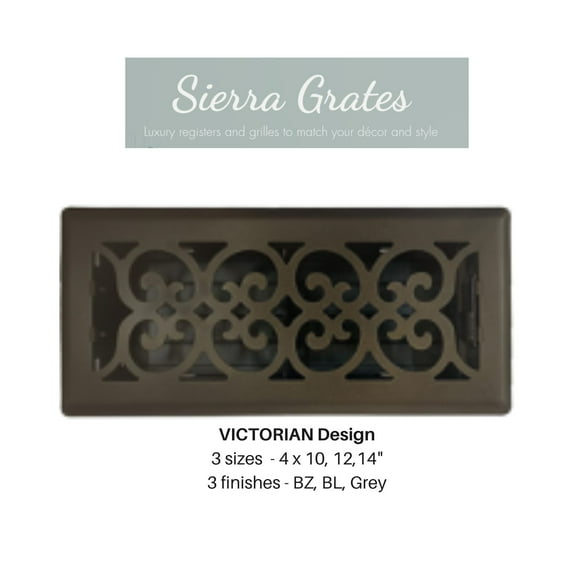 Sierra Grates Victorian Floor Register 4 inch X10 inch Cast Iron Black