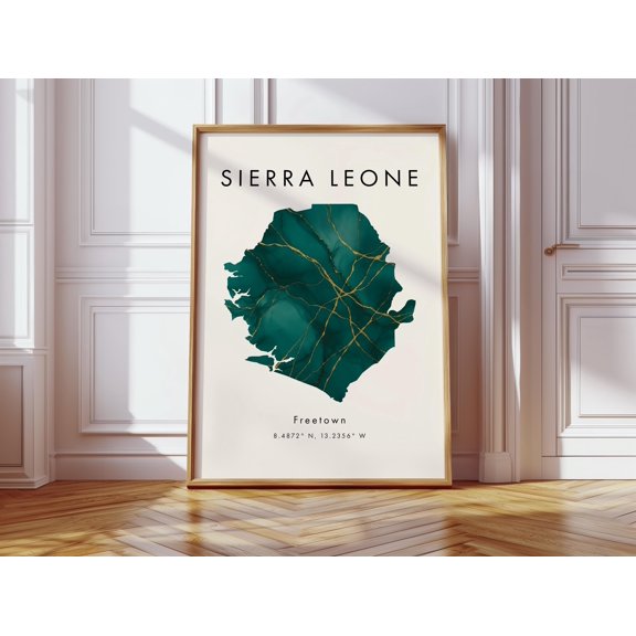 Sierra Leone Map Poster Green And Gold Africa Geography Gift Wallpaper Home Decor Office Wall Art