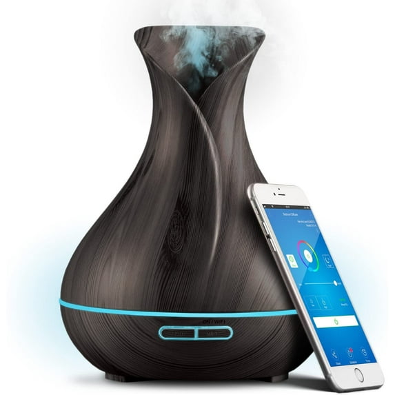 Sierra Modern Home WiFi Smart Essential Oil Diffuser - 400ml Ultrasonic, Voice Control, LED & Timer - Dark Wood