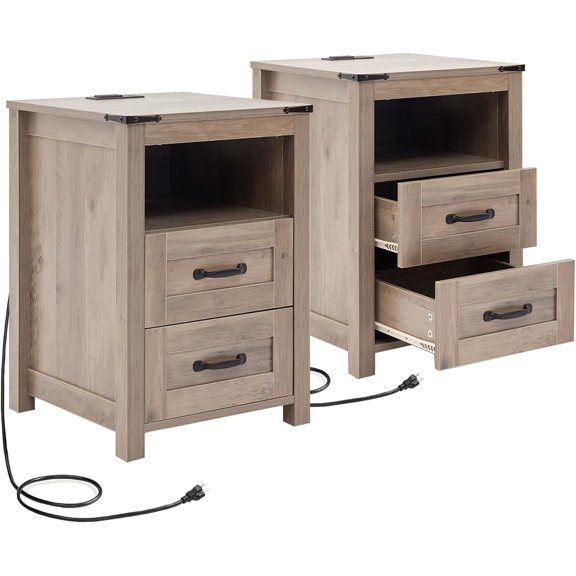 Sierra Night Stand Set of 2, Rustic End Table with Charging Station, Farmhouse Tall Nightstand for Bedroom, Drawer Dresser Bedside Table with Open Storage Shelf