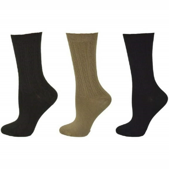 Sierra Socks Cable Pattern Crew Bamboo 3 Pair Pack Socks (Assorted-I (Black/Brown/Tan))