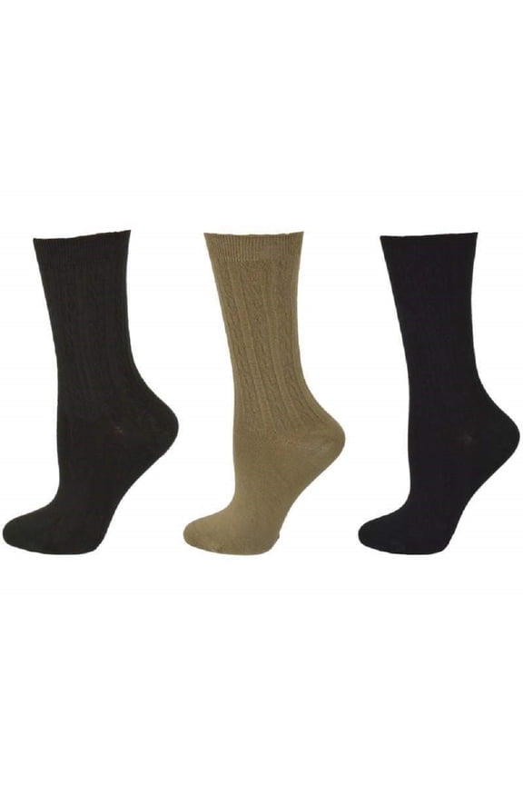 Cable Pattern Crew Bamboo 3 Pair Pack Socks (Assorted-I (Black/Brown/Tan))
