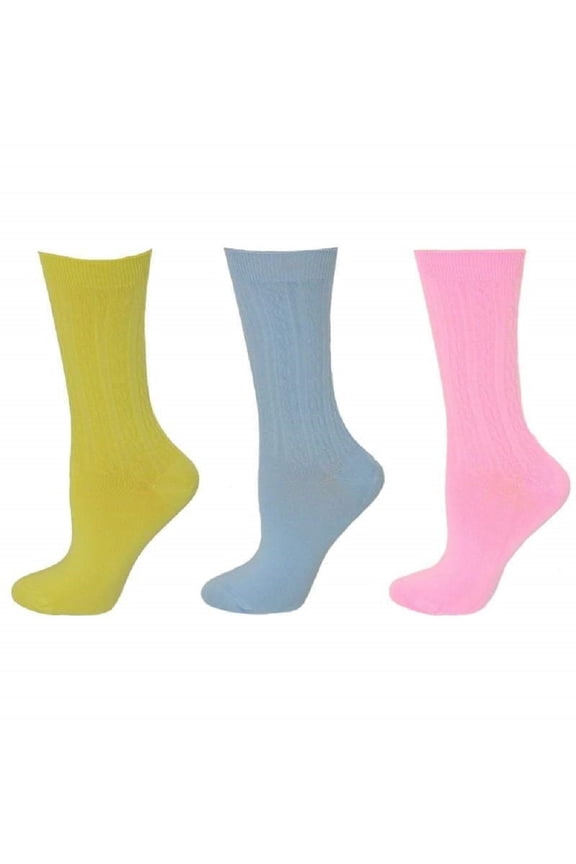 Cable Pattern Crew Bamboo 3 Pair Pack Socks (Assorted-III (Pink/Blue/Yellow)