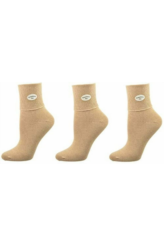 Girls School Uniform Socks 3-Pack, Turn Cuff, Shoe Size 6-10, Khaki