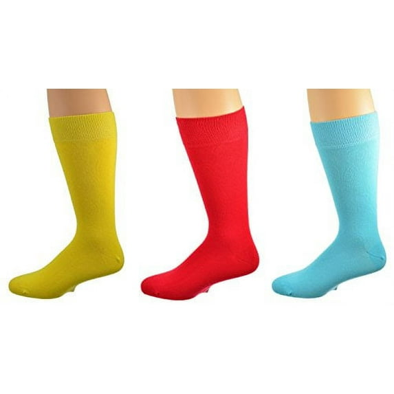 Sierra Socks Men's Crew Cotton Solid Vibrant Colorful Seamless Toe Socks 3 Pair Pack (Yellow/Red/Turquoise)