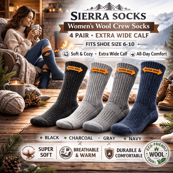 Sierra Socks Women's Wool Crew Socks, 4 Pair, Extra Wide Calf, Fits Shoe Size 6-10