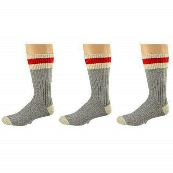 Sierra Socks Men's Wool Striped Boot & Work Socks, Durable Warm Grey Crew Socks, Crew Socks for Winter, Outdoor, Hiking, 3 Pair Pack