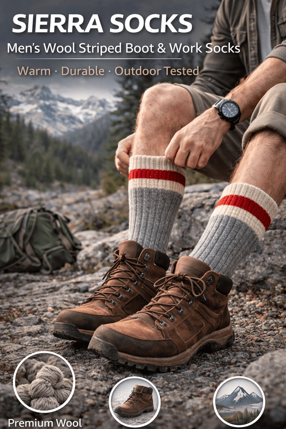 Men's Wool Striped Boot & Work Socks, Durable Warm Grey Crew Socks, Crew Socks for Winter, Outdoor, Hiking, 3 Pair Pack