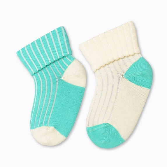 Sierra Socks Toddler Combed Cotton Ribbed Turn Cuff 2-Pack Socks (Teal/Cream, 2-4 years (Fits Shoe Size 6-11))
