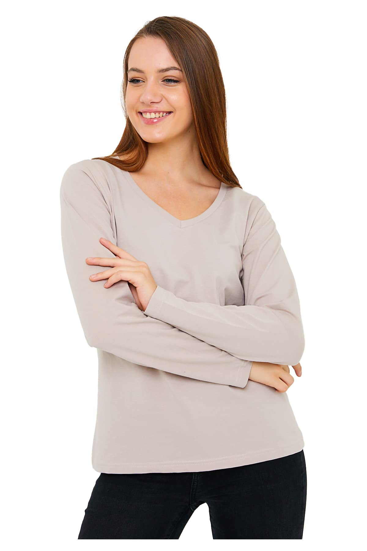 Sierra Socks Women Cotton V Neck Long Sleeve T Shirt Stone Medium Size Shirt