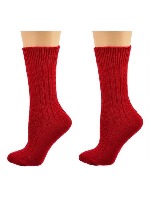 Classic Cable Knit Acrylic Crew Socks, Lipstick Red, for Female, Pack of 2, for Women