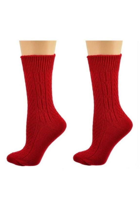 Classic Cable Knit Acrylic Crew Socks, Lipstick Red, for Female, Pack of 2, for Women