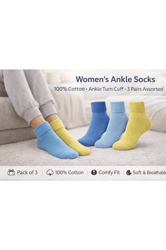 Women's 3 Pair 100% Cotton Ankle Turn Cuff (Assorted 2 (Aqua Blue/Yellow/Marine Blue), Sock Size: 10; Fits Shoe Size: 7½-9)