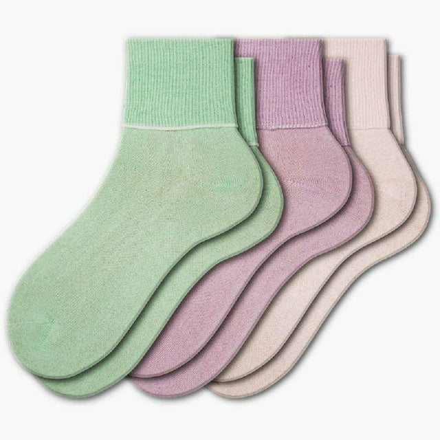 Sierra Socks Women's Diabetic 3 Pair 100% Cotton Ankle Turn Cuff Seamless Toe Socks (Assorted 4 (Pink/Frost/Honeydew), Sock Size: 11; Fits Shoe Size: 9½-10½)