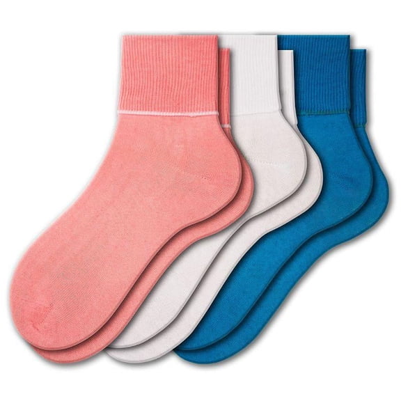 Sierra Socks Women's 3 Pair 100% Cotton Ankle Turn Cuff Seamless Toe Socks (Assorted 5 (Guava/White/Turquoise), Sock Size: 8; Fits Shoe Size: 4½-6)