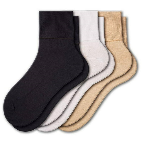 Sierra Socks Women's Diabetic 3 Pair 100% Cotton Ankle Turn Cuff Seamless Toe Socks (Assorted (Navy/Khaki/White), Sock Size: 11; Fits Shoe Size: 9½-10½)