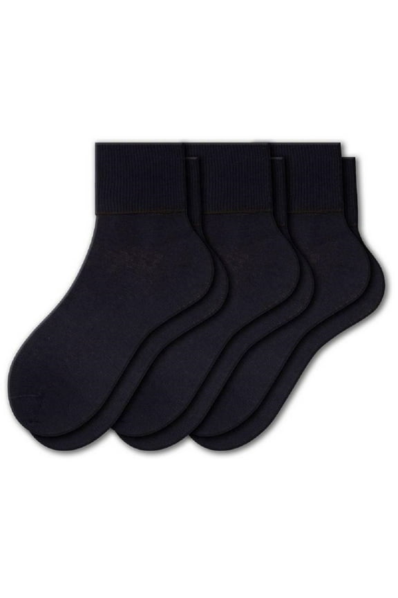 Women's Diabetic 3 Pair 100% Cotton Ankle Turn Cuff Seamless Toe Socks (Black, Sock Size: 11; Fits Shoe Size: 9½-10½)