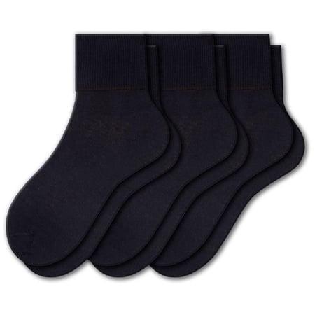 Sierra Socks Women's 3 Pair 100% Cotton Ankle Turn Cuff Seamless Toe Socks (Black, Sock Size: 9; Fits Shoe Size: 6-7)